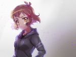  backlighting bangs black_shirt breasts brown_eyes brown_hair commentary_request drawstring grey_hoodie grey_jacket hair_ornament hairclip highres hood hood_down hoodie jacket light_frown light_particles looking_at_viewer medium_breasts parted_lips senki_zesshou_symphogear senki_zesshou_symphogear_xd_unlimited shirt short_hair solo standing tachibana_hibiki_(symphogear) tatsuki_(pizza_no_tempra) upper_body 