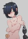  black_bra black_hair blush body_blush bra bra_removed breasts cleavage collarbone covering covering_breasts green_eyes hair_over_one_eye highres holding holding_bra knuxy navel nazo_no_kanojo_x panties scissors short_hair small_breasts solo topless underwear underwear_only urabe_mikoto white_panties 