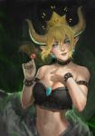  absurdres armlet bare_shoulders black_collar black_nails blonde_hair blue_eyes bowsette bracelet breasts candy cleavage collar collarbone commentary crop_top crown earrings english_commentary food grey_skirt hair_between_eyes hand_on_own_chest highres holding holding_food holding_lollipop horns jewelry juliana_wilhelm lollipop looking_at_viewer mario_(series) nail_polish navel new_super_mario_bros._u_deluxe open_mouth pointy_ears sharp_teeth skirt skirt_lift slit_pupils speedpaint spiked_armlet spiked_bracelet spiked_collar spikes strapless super_crown teeth transformation 