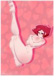  ass ber00 blush breasts choker covering cutey_honey cutie_honey heart heart_background kisaragi_honey large_breasts lips looking_at_viewer navel nude one_leg_up pink_background re:_cutie_honey red_eyes red_hair shiny shiny_skin short_hair soles thick_thighs thighs 