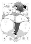  anus ass back blush breasts censored commentary_request greyscale huge_ass japanese_clothes kantai_collection large_breasts looking_at_viewer looking_back monochrome nipples open_mouth pussy pussy_juice shiny short_hair socks solo souryuu_(kantai_collection) sugiura sweat twintails 