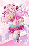  :d bow commentary cure_yell dated earrings flower hair_flower hair_ornament hair_ribbon heart highres hugtto!_precure jewelry jumping lipstick long_hair looking_at_viewer magical_girl makeup navel nii_manabu nono_hana open_mouth pink_eyes pink_hair pink_skirt pom_poms precure ribbon signature skirt smile solo wand 