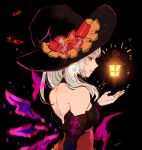 black_background bow commentary_request female_my_unit_(fire_emblem:_kakusei) fire_emblem fire_emblem:_kakusei fire_emblem_heroes from_side gimurei halloween_costume hat hat_bow highres lantern looking_to_the_side my_unit_(fire_emblem:_kakusei) parted_lips red_bow red_eyes sasaki_(dkenpisss) signature simple_background solo white_hair witch_hat 