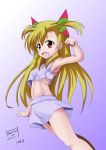  1girl armpits blonde_eyes blush breasts green_eyes groin heterochromia lyrical_nanoha mahou_shoujo_lyrical_nanoha_strikers mahou_shoujo_lyrical_nanoha_vivid midriff navel red_eyes sanosan_(sanoya) small_breasts solo vivio 