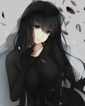  bangs black_eyes black_hair blush bodysuit breasts closed_mouth dutch_angle eyebrows_visible_through_hair grey_background hair_between_eyes head_tilt highres large_breasts long_hair looking_at_viewer original petals simple_background sitting smile solo suzume_(simple0091) upper_body 