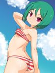  1girl ass bare_arms bare_shoulders bikini blue_sky breasts closed_mouth cloud cloudy_sky cowboy_shot day eyebrows_visible_through_hair female hair_between_eyes kiratto_pri_can looking_at_viewer nurugamer-kouyouju outdoors sara_midorikawa shiny shiny_skin sky small_breasts smile solo striped striped_bikini swimsuit 