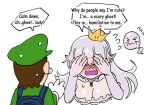  1girl boo breasts commentary crown earrings elbow_gloves english english_commentary ghost gloves jewelry large_breasts long_hair luigi luigi's_mansion mario_(series) md5_mismatch mini_crown necklace princess_king_boo shy simple_background super_crown super_mario_bros. tilted_headwear white_background white_hair wootsang 