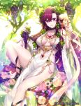  bangle bead_bracelet beads black_choker bracelet breasts choker company_name cup dress flower food fruit gem glint goblet grapes gyakushuu_no_fantasica hair_between_eyes hair_fruit hair_leaf hand_up highres holding holding_cup holding_food holding_fruit jewelry katagiri_hachigou knee_up long_hair looking_at_viewer medium_breasts official_art petals pouring purple_eyes purple_hair sitting smile solo sparkle very_long_hair white_dress 