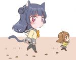  animal_ears black_legwear blue_hair bow bowtie brown_hair cat_ears cat_tail chibi commentary eyebrows_visible_through_hair grey_skirt hamster_ears hamster_tail holding izumi_kirifu kemonomimi_mode kunikida_hanamaru long_sleeves love_live! love_live!_sunshine!! minigirl multiple_girls pantyhose pleated_skirt school_uniform seed serafuku side_bun skirt sunflower_seed symbol_commentary tail thighhighs tsushima_yoshiko yellow_cardigan yellow_neckwear 