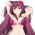  alternate_costume armpits arms_up bikini breasts cleavage commentary_request fate/grand_order fate_(series) flower hair_flower hair_intakes hair_ornament hands_in_hair hibiscus hinata_masaki large_breasts looking_at_viewer navel pink_bikini purple_bikini purple_hair red_eyes scathach_(fate)_(all) scathach_(fate/grand_order) scathach_(swimsuit_assassin)_(fate) solo swimsuit white_background 