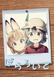  animal_ears black_eyes black_hair bow bowtie commentary_request extra_ears eyebrows_visible_through_hair hair_between_eyes hat_feather helmet highres kaban_(kemono_friends) kemono_friends ki-51_(ampullaria) multiple_girls open_mouth photo_(object) pith_helmet print_neckwear red_shirt serval_(kemono_friends) serval_ears serval_print shirt short_hair translated wavy_hair 