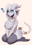  ? blue_eyes blush breasts clothing draenei hair hooves horn humanoid jewelry kanel kneeling legwear nipples not_furry pointy_ears short_hair simple_background solo stockings video_games warcraft 