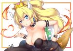  bare_shoulders black_dress black_nails blonde_hair blue_earrings blue_eyes blush bowsette bracelet breasts breathing_fire cleavage collar collarbone crown dress earrings eyebrows_visible_through_hair fingernails fire hand_on_hip heart-shaped_breath highres jewelry large_breasts long_hair looking_at_viewer mario_(series) nail_polish new_super_mario_bros._u_deluxe pointy_ears ponytail sharp_fingernails signature solo spiked_armlet spiked_bracelet spiked_collar spiked_shell spiked_tail spikes strapless strapless_dress subaru_(794829485) super_crown tail turtle_shell white_background 