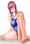  :d ass bare_shoulders barefoot breasts competition_swimsuit covered_navel hair_ribbon highres long_hair looking_at_viewer one-piece_swimsuit open_mouth original purple_eyes purple_hair ribbon shima-shuu sitting smile solo swimsuit 
