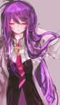  aether_sage_(elsword) aisha_(elsword) annlin cloak closed_eyes elsword grey_background highres jewelry long_hair necklace necktie purple_hair sparkle 