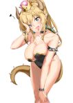  bending_forward black_collar black_leotard blonde_hair blush bowsette bracelet breast_press breasts collar commentary_request covered_navel crown earrings feet_out_of_frame fingernails head_tilt heart highres horns jewelry large_breasts leotard mario_(series) new_super_mario_bros._u_deluxe pixel_(yuxian) pointy_ears sharp_fingernails sharp_teeth simple_background solo spiked_armlet spiked_bracelet spiked_collar spiked_shell spiked_tail spikes spoken_heart strapless strapless_leotard super_crown tail teeth thighs tongue tongue_out turtle_shell 
