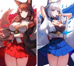  aircraft airplane akagi_(azur_lane) animal_ears arm_behind_head azur_lane bangs blue_eyes blue_skirt blunt_bangs blush breasts brown_hair choker cleavage commentary covered_mouth eyebrows_visible_through_hair finger_to_chin fire flight_deck_scroll fox_ears fox_tail gloves hair_ornament highres holding japanese_clothes kaga_(azur_lane) large_breasts long_hair looking_at_viewer mask multiple_girls multiple_tails natsumoka petals pleated_skirt red_eyes red_skirt short_hair sidelocks skirt smile tail thighs white_hair wide_sleeves wristband 