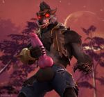  2018 3d_(artwork) animal_genitalia animal_penis anthro averyhyena balls big_balls big_penis canine canine_penis claws clothed clothing cum cum_on_penis digital_media_(artwork) dire_(fortnite) erection fangs fortnite fur glowing knot male mammal masturbation outside partially_clothed penile_masturbation penis penis_through_fly poking_out precum solo source_filmmaker torn_bottomwear torn_clothing video_games were werewolf wolf 