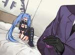  1boy 1girl amiba_(amiba00638239) antenna_hair ball_gag bangs bdsm black_gloves black_legwear black_neckwear black_ribbon blue_hair blush bondage bound bound_arms bound_legs breasts controller crossed_arms dutch_angle formal full_body gag gagged garter_straps girls_frontline gloves gun hair_between_eyes hair_ribbon heart heart_pasties holding indoors jacket knees_up long_hair long_sleeves necktie on_bed pasties pillow purple_jacket pussy_juice red_eyes remote_control ribbon shiny shiny_clothes shiny_hair shipka_(girls_frontline) shirt sitting small_breasts solo_focus straitjacket suit thighhighs tied_hair twintails very_long_hair weapon white_shirt 