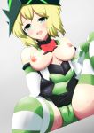  akatsuki_kirika bare_shoulders blonde_hair blush breasts breasts_outside cameltoe commentary_request covered_navel dutch_angle elbow_gloves gloves green_eyes grey_background hair_between_eyes headgear highres kaden leotard looking_at_viewer medium_breasts nipples senki_zesshou_symphogear short_hair sitting solo spread_legs striped striped_legwear sweat thighhighs 