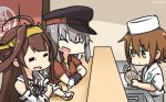  3girls =3 =_= ^_^ ^o^ ahoge alcohol alternate_costume bare_shoulders black_hat brown_eyes brown_gloves brown_hair clam_shell closed_eyes commentary_request dated detached_sleeves double_bun gangut_(kantai_collection) gloves grey_hair hairband hamu_koutarou hat headgear highres holding japanese_clothes kantai_collection kongou_(kantai_collection) long_hair multiple_girls nontraditional_miko open_mouth peaked_cap red_shirt ribbon-trimmed_sleeves ribbon_trim sake shirt short_hair short_sleeves shoshinsha_mark smile v-shaped_eyebrows wakaba_(kantai_collection) 