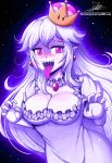  2018 blush boo_(mario) bowsette_meme breasts cleavage clothed clothing english_text fangs female ghost humanoid king_boo mario_bros nintendo purple_eyes red_eyes saliva sharp_teeth signature solo spirit super_crown teeth text the-butcher-x tongue tongue_out url video_games 