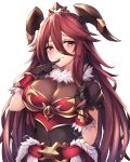  bangs black_gloves blush boobplate breastplate breasts brown_shirt cleavage closed_mouth commentary_request covered_navel dragalia_lost eyebrows_visible_through_hair fang fang_out finger_to_mouth fur_trim gloves hair_between_eyes head_tilt headpiece highres horns long_hair looking_at_viewer mym_(dragalia_lost) puffy_short_sleeves puffy_sleeves red_eyes red_hair see-through shirt short_sleeves smile solo upper_body very_long_hair ym_(distance819) 