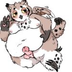  2016 anthro avian balls barnaby_(vomits) belly belly_overhang bird blush brown_fur claws digital_media_(artwork) erection full-length_portrait fur half-closed_eyes holding_belly humanoid_penis male mammal moobs navel nipples obese obese_male overweight overweight_male owl penis portrait simple_background solo toe_claws tuft v_sign vomits_(artist) white_background white_fur wings 