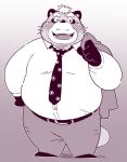  2018 anthro belly blush canine clothing garouzuki humanoid_hands male mammal necktie overweight overweight_male pants shirt solo tanuki 
