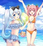  &gt;_&lt; animal_ears armpits arms_up ass bikini bikini_skirt black_bow black_ribbon blonde_hair blue_eyes blue_hair blue_skirt blue_sky bow breasts cleavage cloud cowboy_shot day eyebrows_visible_through_hair fox_ears gradient_hair groin hair_between_eyes hair_bow hair_ornament hair_ribbon highres innertube long_hair looking_back medium_breasts miniskirt multi-strapped_bikini multicolored_hair multiple_girls navel ocean orange_bikini original outdoors pink_eyes pink_hair pleated_skirt polka_dot polka_dot_bikini red_ribbon ribbon side-tie_bikini side_ponytail silver_hair skirt sky standing striped swimsuit twintails two-tone_hair vertical-striped_skirt vertical_stripes white_bikini yatsuki_yura 