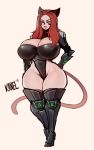  2018 animal_humanoid big_breasts black_eyebrows boots breasts cat cat_humanoid cat_tail cleavage clothed clothing eyebrows eyelashes feline female footwear freckles green_eyes hair hands_on_hips humanoid kanel legwear leotard long_hair long_tail mammal pale_skin pouting red_hair simple_background skimpy solo standing thick_lips thick_thighs thigh_high_boots thin_tail tight_clothing voluptuous white_background wide_hips 