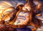  2018 abs anthro clothed clothing clouded_leopard feline fur hi_res hoodie likulau male mammal muscular nekojishi rabbity sleeping solo spots tattoo 