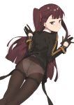  2l_(2lsize) ass bangs black_gloves black_jacket black_legwear blunt_bangs blush braid closed_mouth commentary_request crown_braid girls_frontline gloves gusset hands_up highres jacket long_hair long_sleeves looking_at_viewer looking_back lying nose_blush on_stomach one_side_up panties panties_under_pantyhose pantyhose purple_hair red_eyes side_ponytail simple_background solo thighband_pantyhose thighs tsurime underwear very_long_hair wa2000_(girls_frontline) white_background 