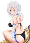  alternate_costume ass bikini black_bikini blue_eyes blush breasts closed_mouth commentary_request eyebrows_visible_through_hair grey_hair hair_between_eyes hair_ornament hairclip hamakaze_(kantai_collection) hifumi_kei highres hose kantai_collection large_breasts looking_at_viewer short_hair simple_background sitting smile solo swimsuit water white_background 