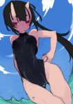  1girl bare_shoulders black_hair breasts dutch_angle female from_below horns kimura_akiyoshi long_hair long_ponytail looking_at_viewer one-piece_swimsuit original ponytail red_eyes small_breasts smile solo swimsuit upper_body wet 