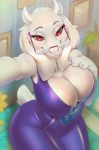  2018 anthro big_breasts boss_monster breasts caprine cleavage clothed clothing eyewear female fur glasses goat half-closed_eyes horn looking_at_viewer mammal mature_female miles_df mother parent red_eyes solo toriel undertale video_games white_fur 