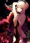  absurdres arm_up artoria_pendragon_(all) bare_arms bare_shoulders black_choker black_ribbon blonde_hair braid breasts choker closed_mouth collarbone commentary_request dark_excalibur dress fallen_heaven fate/grand_order fate/stay_night fate_(series) flower hair_bun hand_in_hair highres looking_at_viewer pelvic_curtain petals red_dress red_flower revealing_clothes ribbon saber_alter sidelocks skeleton skull sleeveless sleeveless_dress small_breasts smile solo yellow_eyes 