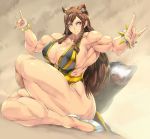  1girl alternate_costume alternate_hairstyle animal_ears ass black_dress bracelet braid breasts capcom chun-li cleavage clenched_hand cosplay dress fighting_stance hair_down hair_over_one_eye highleg highleg_dress huge_breasts jewelry jin-jin muscle muscular_female sitting solo spiked_bracelet spikes street_fighter tail thighs twin_braids white_footwear 