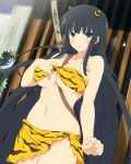  animal_print black_hair blue_eyes breasts cosplay horns ikaruga_(senran_kagura) large_breasts long_hair midriff navel official_art oni oni_horns open_mouth senran_kagura senran_kagura_new_wave setsubun sheath sheathed solo standing stomach sword tiger_print very_long_hair weapon yaegashi_nan 