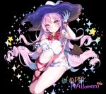  barefoot bat_wings bell bell_choker blue_eyes breasts choker commentary_request fangs gloves halloween happy_halloween hat highres kanola_u large_breasts looking_at_viewer open_mouth original pink_hair pointy_ears smile solo twintails wings witch_hat 