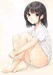  ass bangs bare_legs barefoot bashosho beige_background blush brown_eyes brown_hair closed_mouth commentary_request eyebrows_visible_through_hair fingernails highres leg_hug long_hair looking_at_viewer original panties shirt short_sleeves simple_background sitting smile solo thighs toenails underwear white_panties white_shirt 