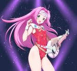  commentary_request cowboy_shot danpu electric_guitar green_eyes guitar headgear highres instrument leotard long_hair looking_at_viewer macross macross_7 mylene_jenius open_mouth pink_hair plectrum purple_background red_leotard smile solo 