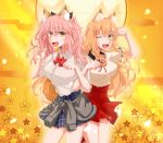  animal_ear_fluff animal_ears blonde_hair blush breasts clothes_around_waist fang fate/extra fate/extra_ccc fate/extra_ccc_fox_tail fate/grand_order fate_(series) fox_ears fox_girl fox_tail highres jacket_around_waist large_breasts long_hair looking_at_viewer multiple_girls one_eye_closed open_mouth paw_pose pink_hair sakurasaki_yuudzuki school_uniform shirt skirt smile suzuka_gozen_(fate) tail tamamo_(fate)_(all) tamamo_jk_(fate) twintails yellow_eyes 