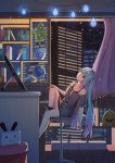  bare_shoulders black_legwear blue_eyes blue_hair book building chair globe gradient_hair grey_shirt hatsune_miku highres holding holding_stylus indoors katana keyboard_(computer) knee_up leaning_back light_bulb long_hair mobu_(wddtfy61) monitor multicolored_hair night night_sky no_shoes off-shoulder_shirt office_chair open_window pink_hair plant potted_plant purple_hair ribbed_legwear sheath sheathed shirt short_sleeves sitting sky skyscraper socks solo star_(sky) starry_sky stylus sword twintails very_long_hair vocaloid weapon window 
