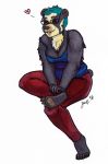  &lt;3 2016 5_toes anthro barefoot bear bearsona_(cyberella) biped black_claws black_fur black_tail blue_clothing blue_hair blue_topwear breasts brown_fur brown_nose brown_pawpads chest_tuft claws cleavage clothed clothing crossed_legs cyberella ear_piercing eyebrows eyes_closed eyewear facial_markings feet female full-length_portrait fur glasses hair hindpaw holding_leg humanoid_feet mammal marker_(artwork) markings medium_breasts multicolored_fur muzzle_(marking) off_shoulder pants pawpads paws piercing plantigrade portrait raised_leg red_bottomwear red_clothing shirt short_hair short_tail signature simple_background sitting slightly_chubby smile snout solo spectacled_bear suspended_in_midair tan_fur tank_top toe_claws toes traditional_media_(artwork) tuft white_background 