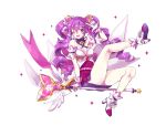  aisha_(elsword) bare_shoulders blush breasts cleavage curly_hair dimension_witch_(elsword) elsword finger_gun gem gloves heart highres inna leg_up magical_girl moon one_eye_closed sitting sitting_on_object smile sparkle_print staff twintails wings 