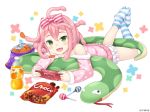  :d blue_legwear blush bottle bow candy chips fang food full_body game_console green_eyes hair_between_eyes hair_bow lollipop lying monmusu_harem namaru_(summer_dandy) official_art on_stomach open_mouth orange_juice pink_bow pink_hair pink_pajamas polka_dot smile snack snake snake_hair solo striped striped_bow striped_legwear white_background 