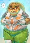  2018 anthro bear belly blush brown_fur bulge clothing eyewear fur glasses gloves guptoshimaru hat humanoid_hands japanese_text male mammal moobs overweight overweight_male pants shirt solo straw_hat text tokyo_afterschool_summoners volos 