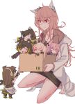  absurdres animal_ears anti-rain_(girls_frontline) barefoot box cat_ears chibi closed_eyes commentary dog dog_ears dog_tail eyepatch girls_frontline headphones highres labcoat m16a1_(girls_frontline) m4_sopmod_ii_(girls_frontline) m4a1_(girls_frontline) messy_hair multiple_girls o_o persica_(girls_frontline) pink_hair puppy red_eyes ro635_(girls_frontline) scar scar_across_eye st_ar-15_(girls_frontline) tail tail_wagging yuutama2804 