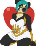  &lt;3 2016 4_fingers anthro armor bare_shoulder bear bearsona_(cyberella) big_breasts biped black_fur black_markings black_nose blue_hair boots breasts chest_tuft choker cleavage clothed clothing collarbone digital_drawing_(artwork) digital_media_(artwork) dress eye_markings eyebrows eyebrows_visible_through_hair eyelashes eyewear facial_markings female footwear fur fur_tuft gauntlets gem glasses gloves hair humanoid_hands kneeling looking_aside looking_away mammal markings mask_(marking) mistystriker multicolored_fur pince-nez red_background sapphire_(gem) short_hair simple_background sitting slightly_chubby smile snout solo spectacled_bear tan_fur tan_markings translucent_hair tuft two_tone_fur white_background 